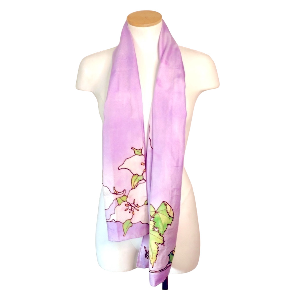 Vintage 90s Lavender Rectangle Handcrafted Silk Scarf Rolled Edge White Trillium